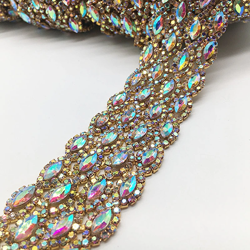 2019 fashion bulk gold plating AB stone rhinestone trimming by yard for garment