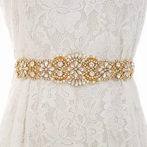 Sparkle gold Crystal Rhinestone Applique with Pearls for Bridal Belt Wedding Dress Garters Headpieces