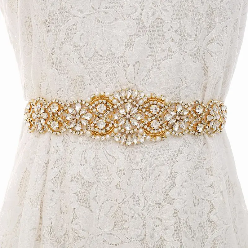 Sparkle gold Crystal Rhinestone Applique with Pearls for Bridal Belt Wedding Dress Garters Headpieces