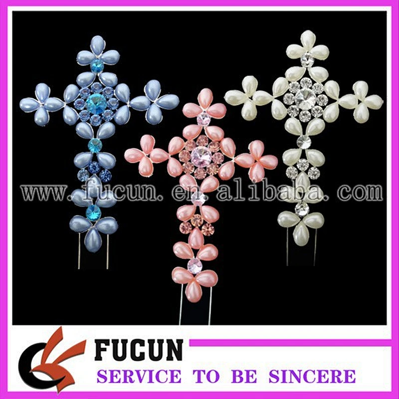 Large clear Rhinestone ivory pearl Cross Christening Cake Topper cake Decoration