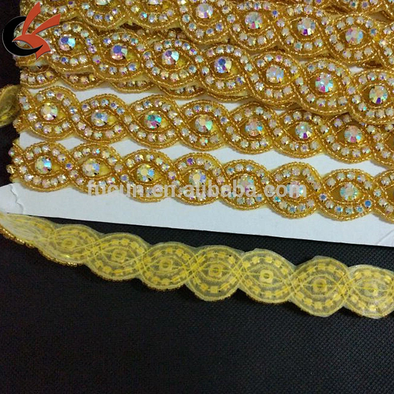 Iron on High Quality Gold Beads Crystal Rhinestone Trimming