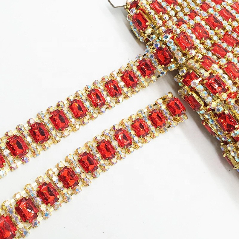 luxury crystal red stone trims rhinestone chain trim yard in gold