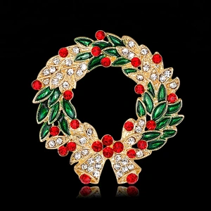 Factory Enamel Crystal Red Rhinestone Christmas Wreath Brooch with Hang Bell