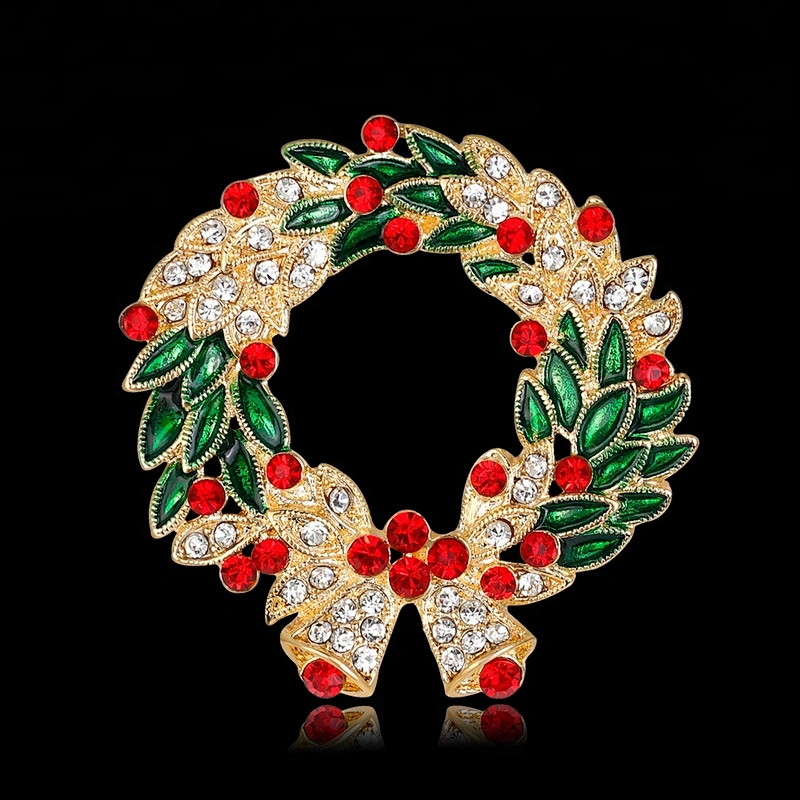 Factory Enamel Crystal Red Rhinestone Christmas Wreath Brooch with Hang Bell