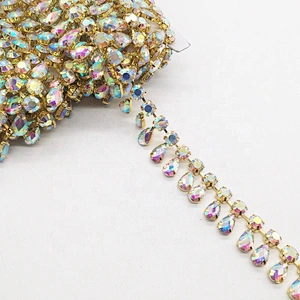 cheap price fashion bulk gold plating AB stone rhinestone trimming by yard for garment decors