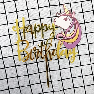 Lovely Printed Unicorn Acrylic Happy Birthday Cake Topper in Gold