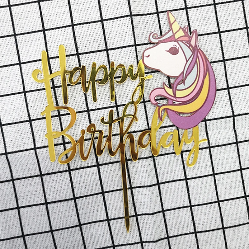 Lovely Printed Unicorn Acrylic Happy Birthday Cake Topper in Gold