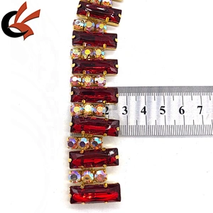 Costume Applique Red crystal rhinestone golden Trimming chain