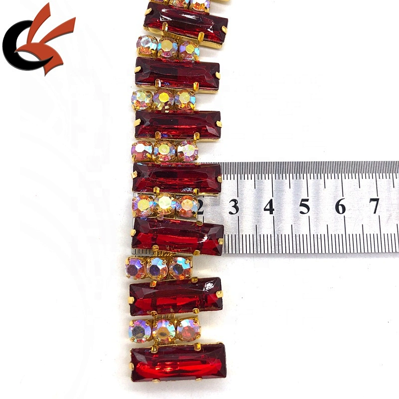 Costume Applique Red crystal rhinestone golden Trimming chain