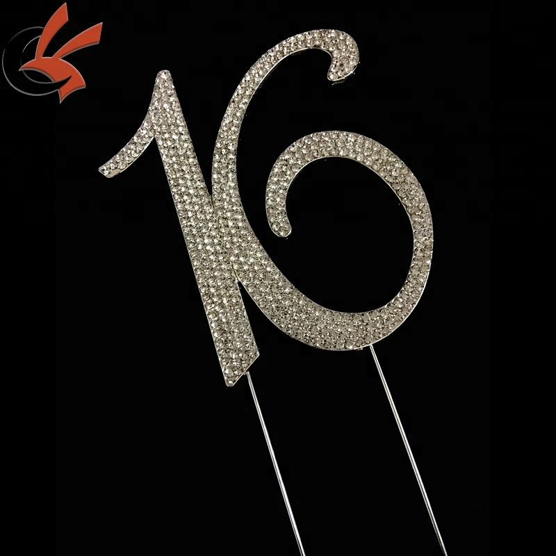 Large Rhinestone Silver Crystal Sweet Sixteen 16 Birthday Number Cake Topper