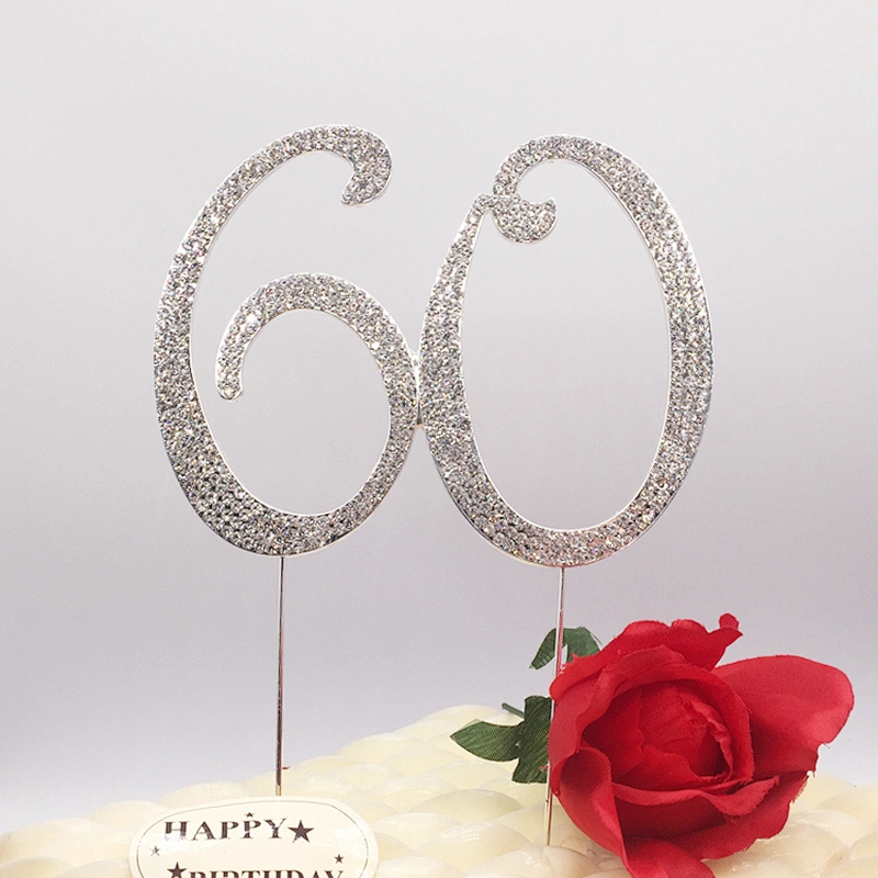 Top Selling Cake Party Accessories Sliver Rhinestone 60th Anniversary Birthday Cake Topper