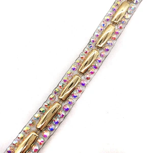 Custom Garment Decoration Trim Iron On Iridescent Resin Stone and Gold Plastic Trim