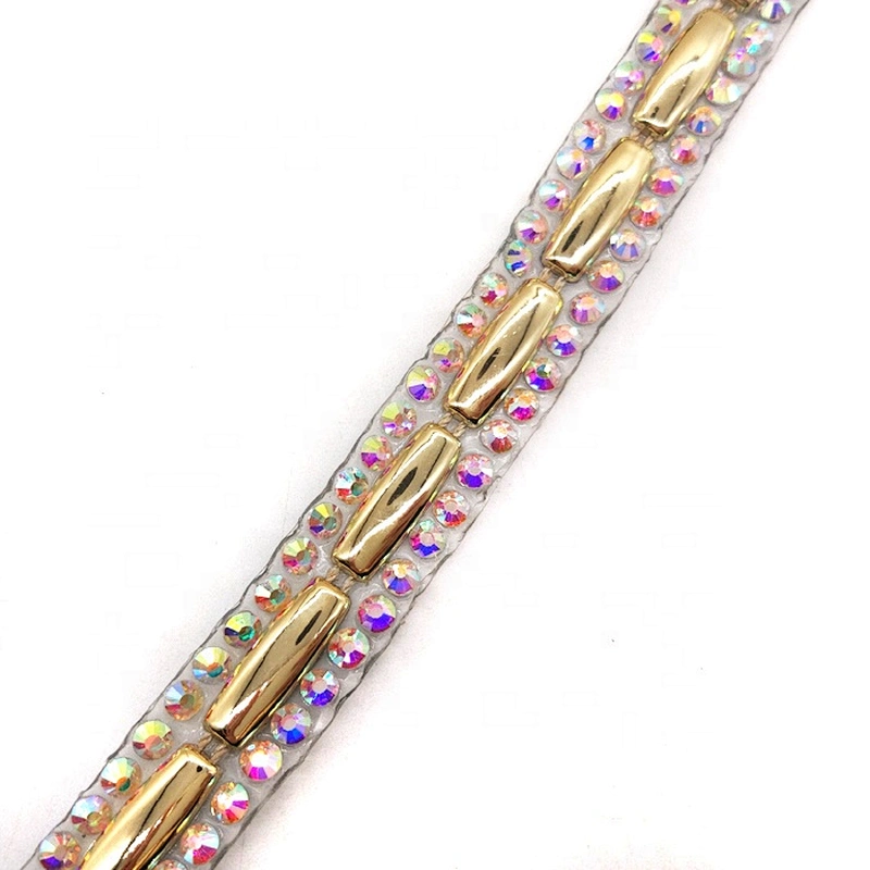 Custom Garment Decoration Trim Iron On Iridescent Resin Stone and Gold Plastic Trim