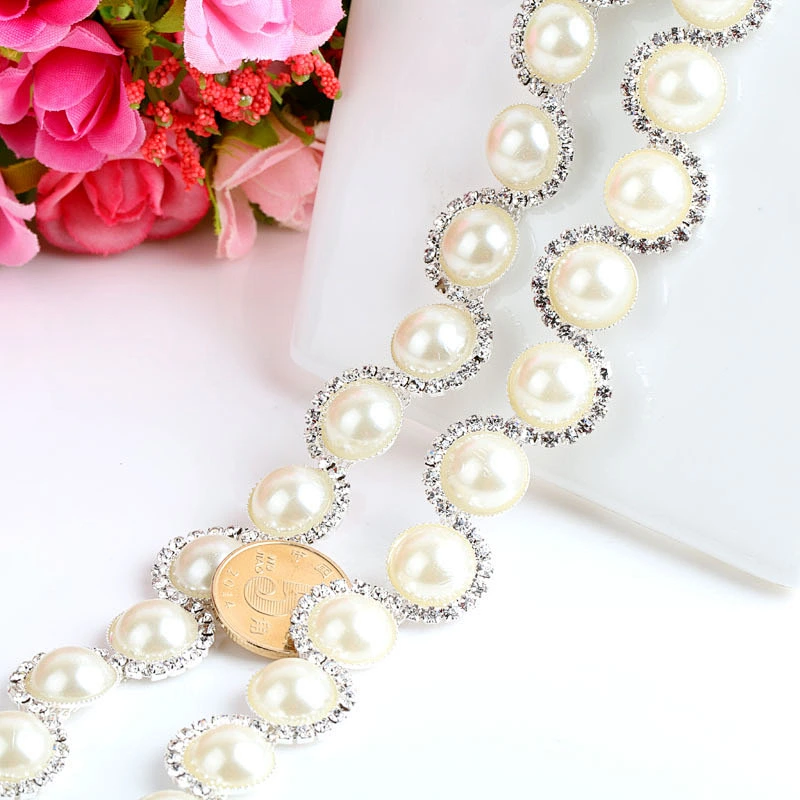 Wholesale white pearl trimming for garment, rhinestone beads apparel trimming