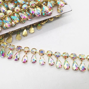 cheap price fashion bulk gold plating AB stone rhinestone trimming by yard for garment decors