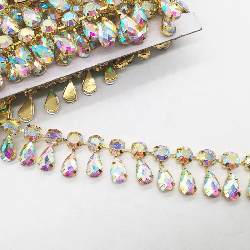 cheap price fashion bulk gold plating AB stone rhinestone trimming by yard for garment decors