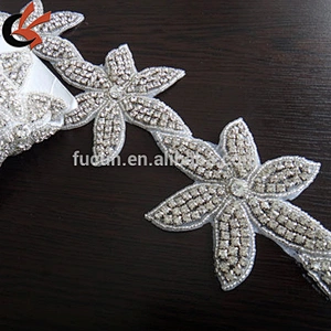 handmade iron on flower rhinestone applique trimming for wedding dress decoration