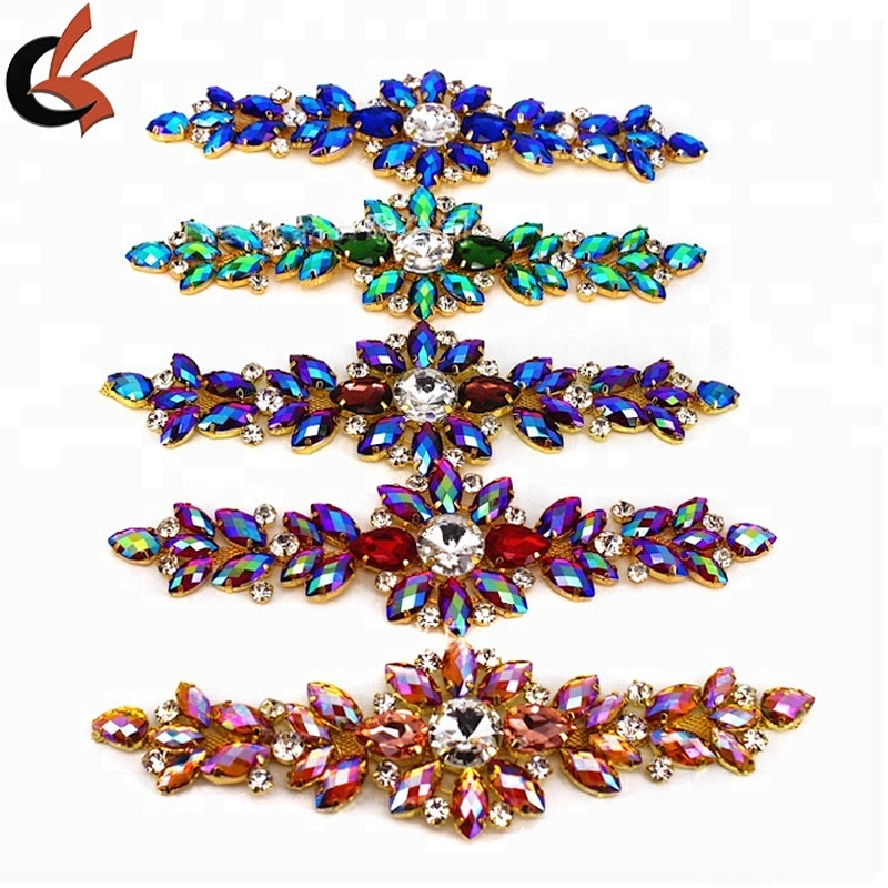 18.2*5.5CM AB Resin rhinestone applique Gold Base wedding Dress Belt Applique