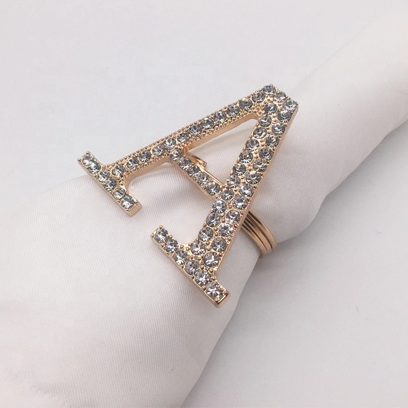 Customized fancy wedding table decoration accessories rhinestone gold metal letter napkin ring