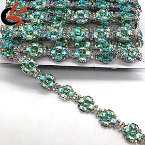 Unique light green AB crystal colors metal chain trimming for costume decoration