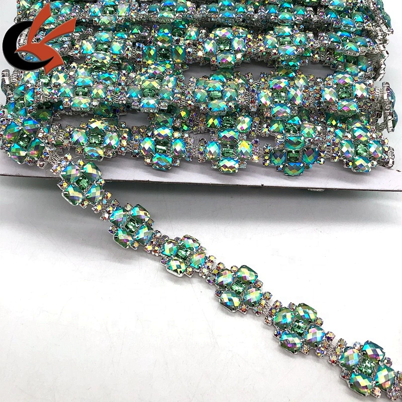 Unique light green AB crystal colors metal chain trimming for costume decoration