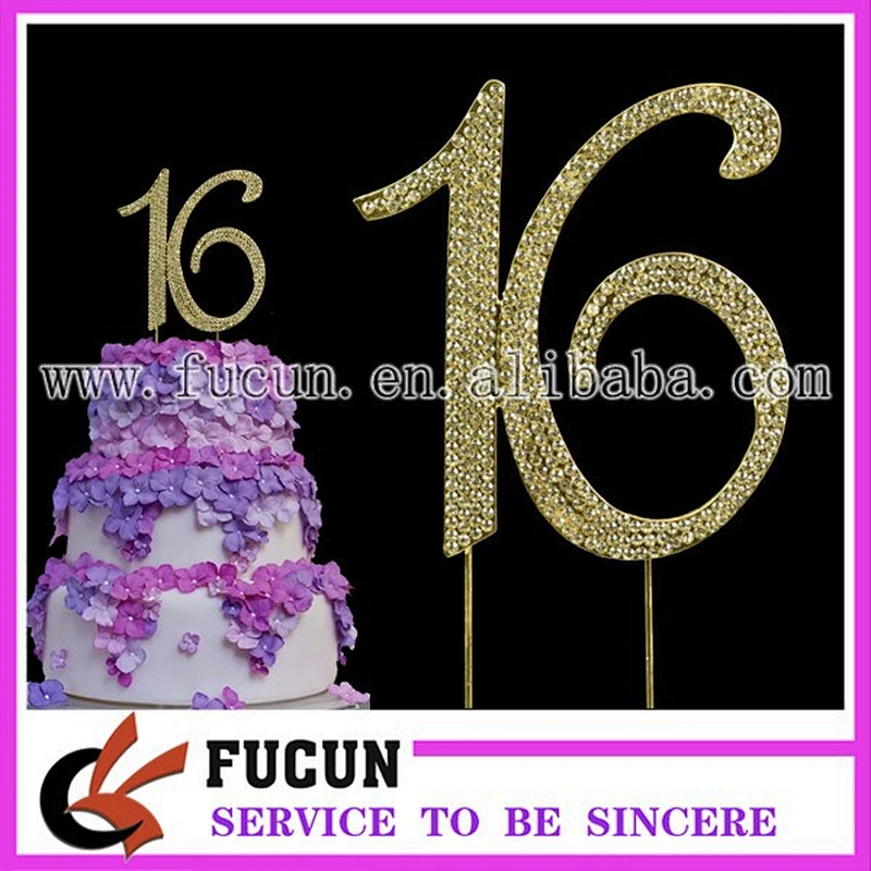 Large Rhinestone gold Crystal Quinceanera 16 Birthday Number Cake Topper