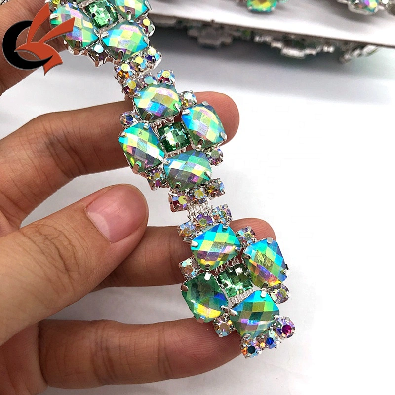 Unique light green AB crystal colors metal chain trimming for costume decoration