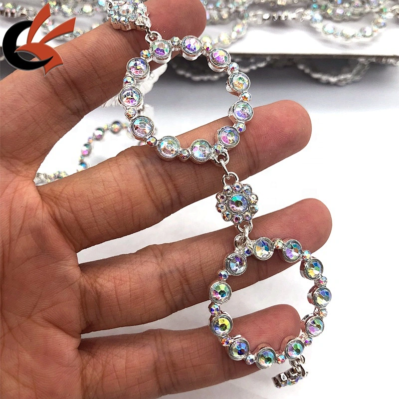 Costume Trimming silver metal AB crystal rings chain trims