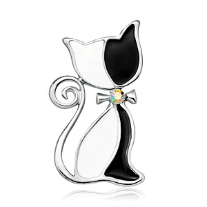 gold tone animal AB clear white and red enamel cat brooch pin
