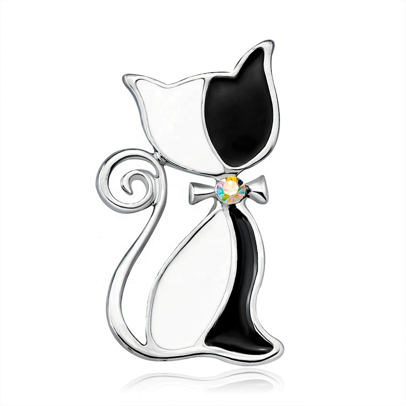 gold tone animal AB clear white and red enamel cat brooch pin