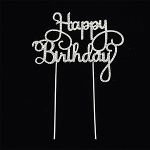 Happy Birthday Cake Topper Silver Metal with Crystal Rhinestones for Birthday Party Decorations