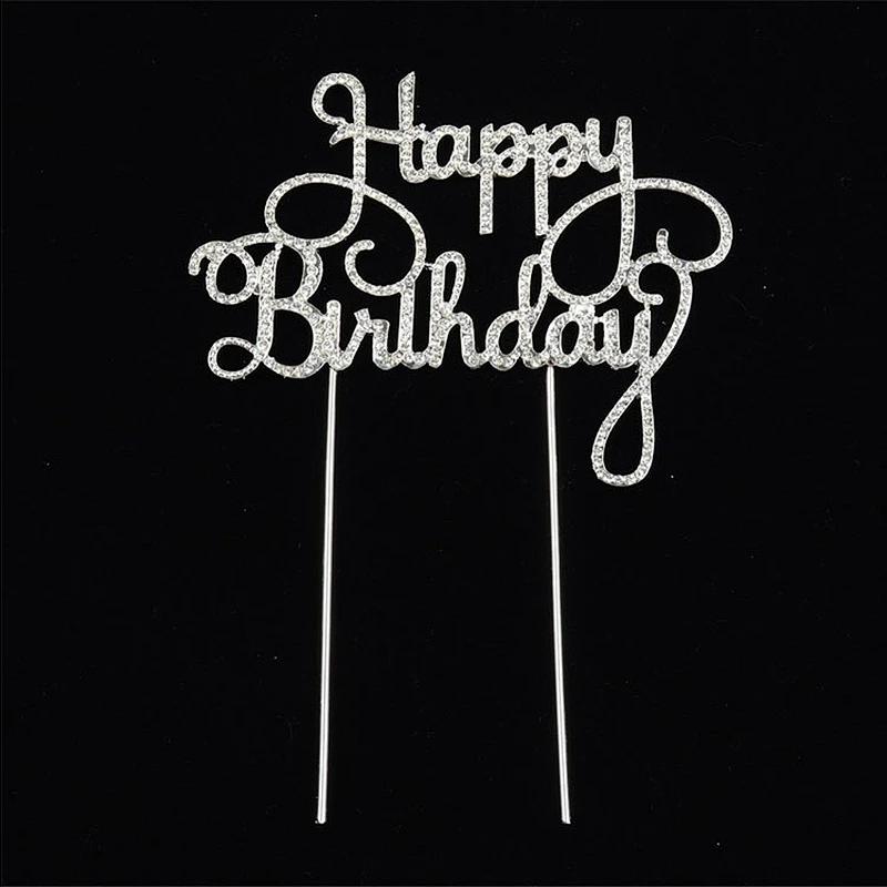 Happy Birthday Cake Topper Silver Metal with Crystal Rhinestones for Birthday Party Decorations