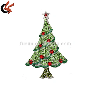 Vintage Gold silver green Enamel & Rhinestone Christmas Tree Brooch Pin