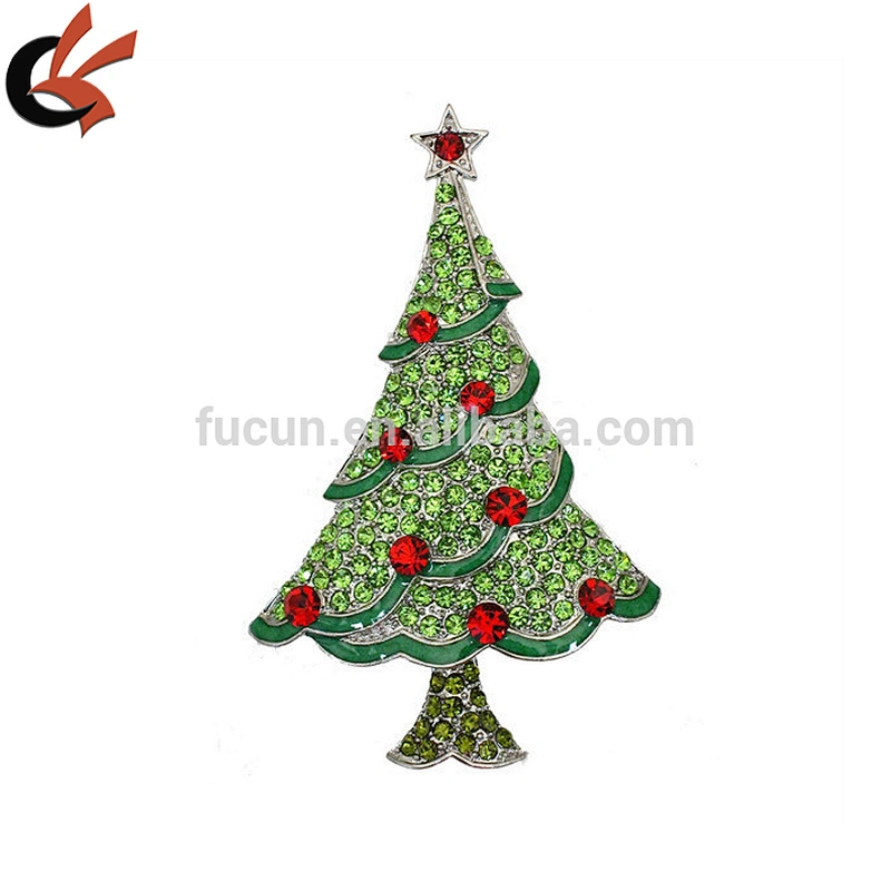 Vintage Gold silver green Enamel & Rhinestone Christmas Tree Brooch Pin