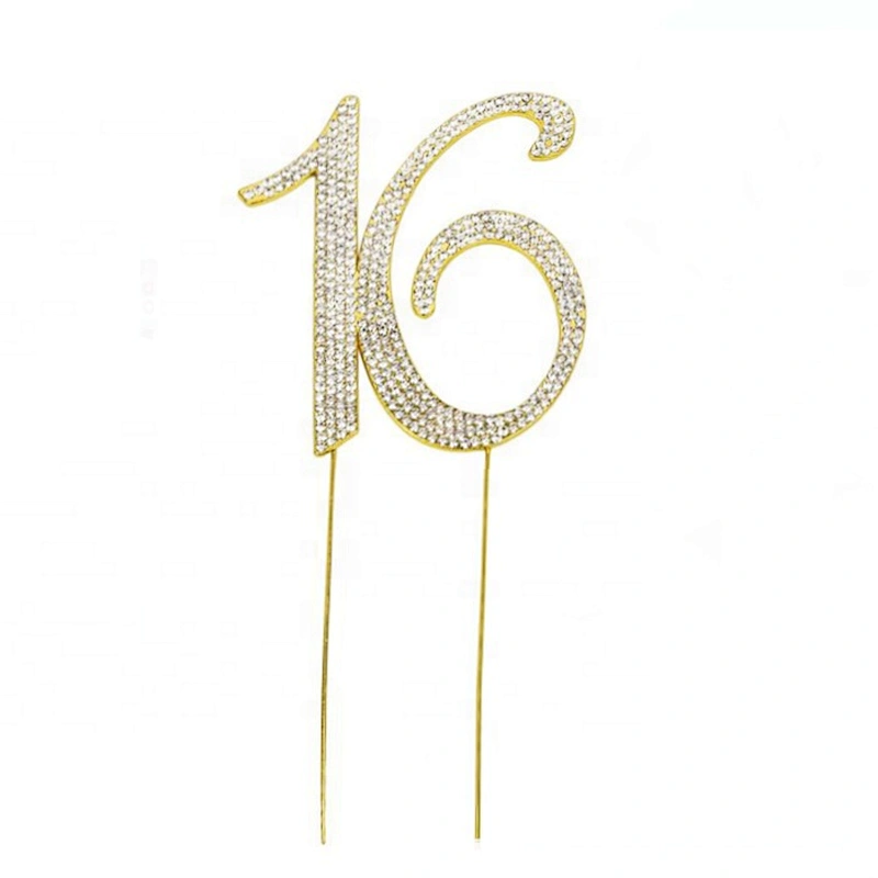 Wholesale 4.7inch  Clear Rhinestone Gold Number 16 Cake Topper for Anniversaries Cake Decoration