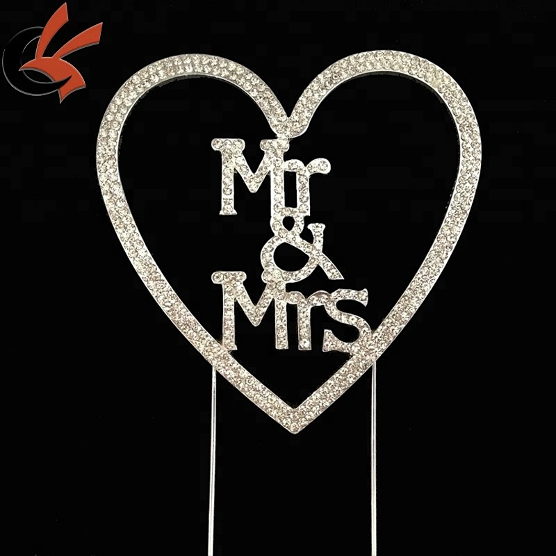 Hot Wedding Anniversary Decoration Rhinestone Silver Mr & Mrs in Heart Cake Topper
