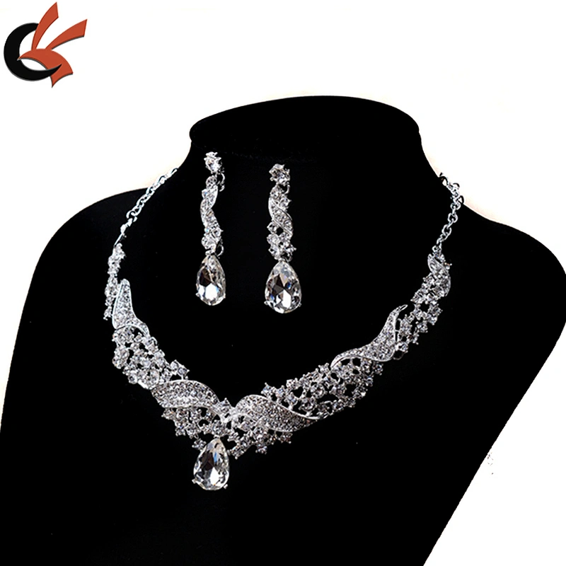 Sparkly Wedding Bride Shining Rhinestone Necklace Earring Jewelry Set