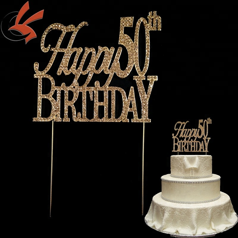 Large Sparkling gold Rhinestone 50th Happy Birthday Cake Topper