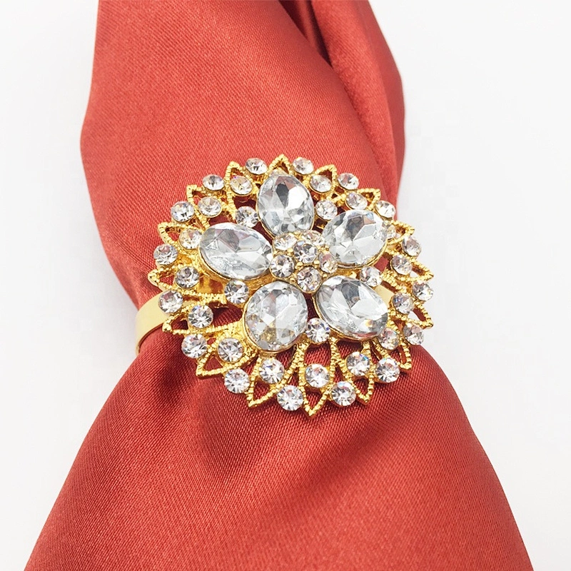 Elegant Table Decoration Glass Rhinestone Gold Bridal Wedding Floral Napkin Ring