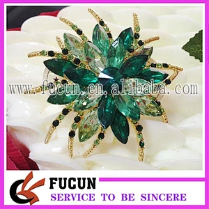 Factory custom handmade bulk fashion jewelry green lotus flower rhinestone brooches