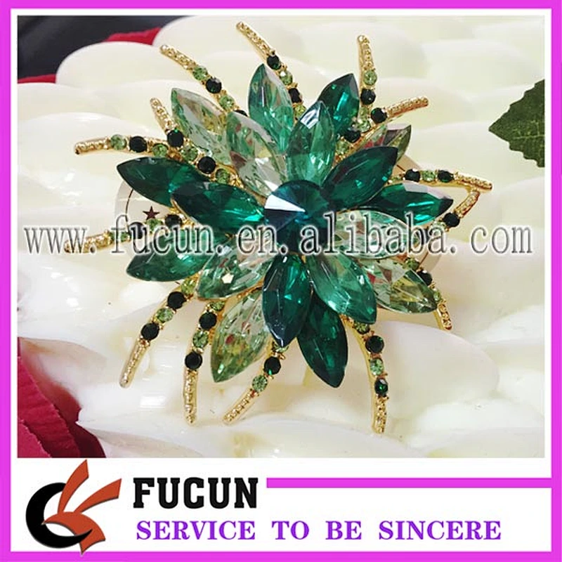 Factory custom handmade bulk fashion jewelry green lotus flower rhinestone brooches
