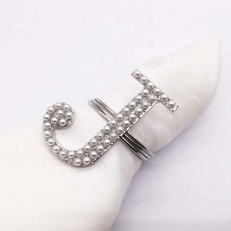 Cheap price unique handmade pearl beaded alphabet napkin ring for wedding decors