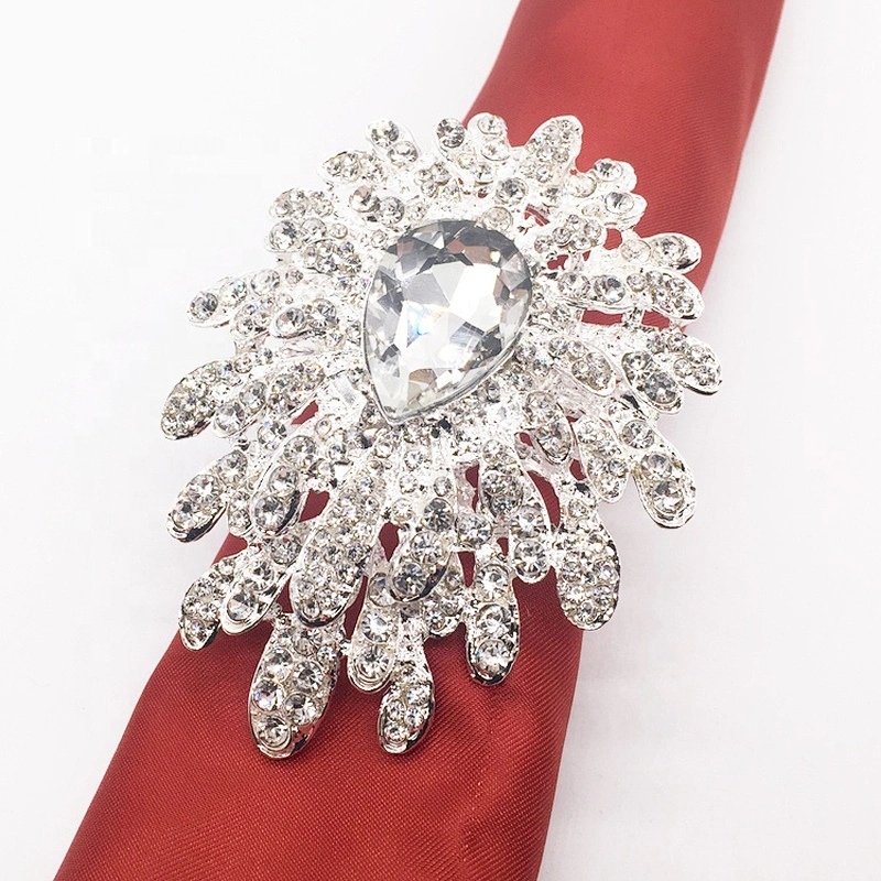 High quality wedding table accessories luxurious floral rhinestone jewelry silver metal napkin holder