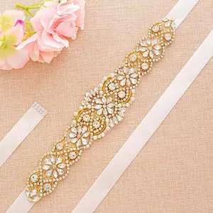Sparkle gold Crystal Rhinestone Applique with Pearls for Bridal Belt Wedding Dress Garters Headpieces