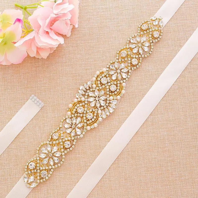 Sparkle gold Crystal Rhinestone Applique with Pearls for Bridal Belt Wedding Dress Garters Headpieces