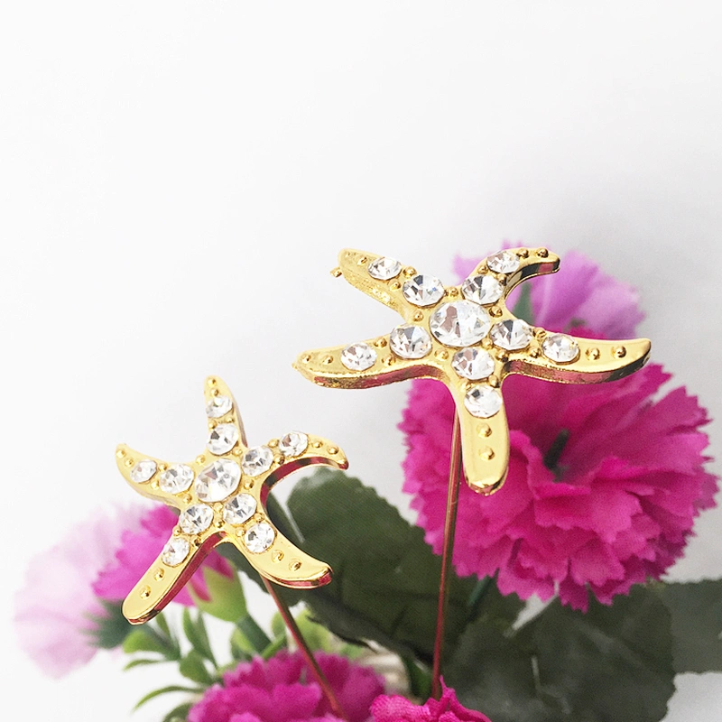 silk rose flowers bunch gold starfish rhinestone stick brooch for decors