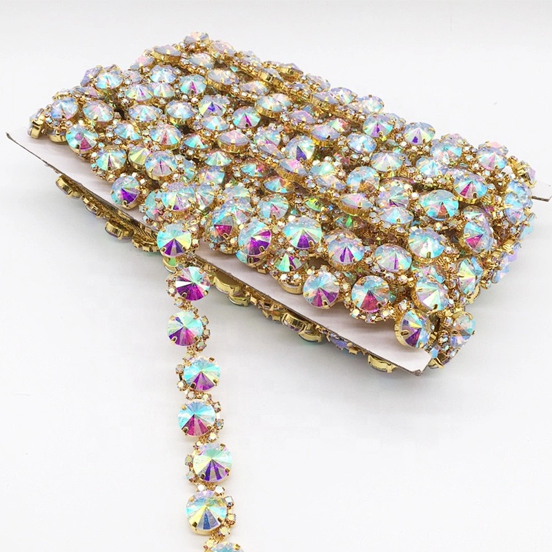 New fashion gold fancy AB colors chain diamond stone sew-on technics rhinestone trimmings
