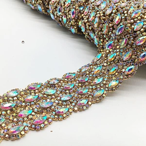 2019 fashion bulk gold plating AB stone rhinestone trimming by yard for garment
