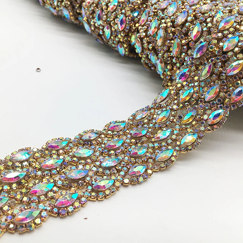 2019 fashion bulk gold plating AB stone rhinestone trimming by yard for garment