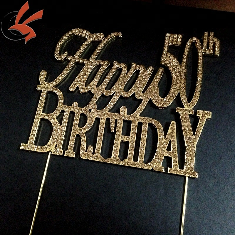 Large Sparkling gold Rhinestone 50th Happy Birthday Cake Topper